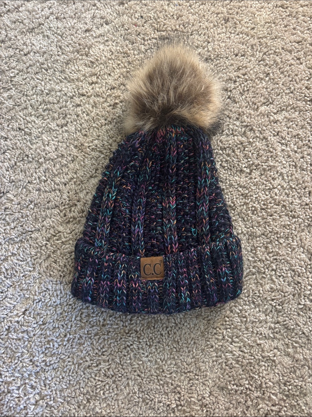 C.C Navy Multicolor Pom Beanie with Faux Fur